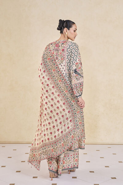 Demoiselle Printed Sequin Silk Suit Set - Cream